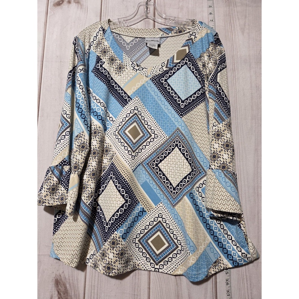 BonWorth Shirt Womens Large Blue Geometric‎ Patchwork 3/4 Bell Sleeve Top